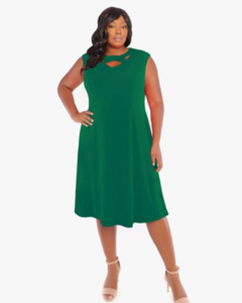 Front of a model wearing a size 14W Katie A-Line Dress in GREEN by London Times. | dia_product_style_image_id:254853